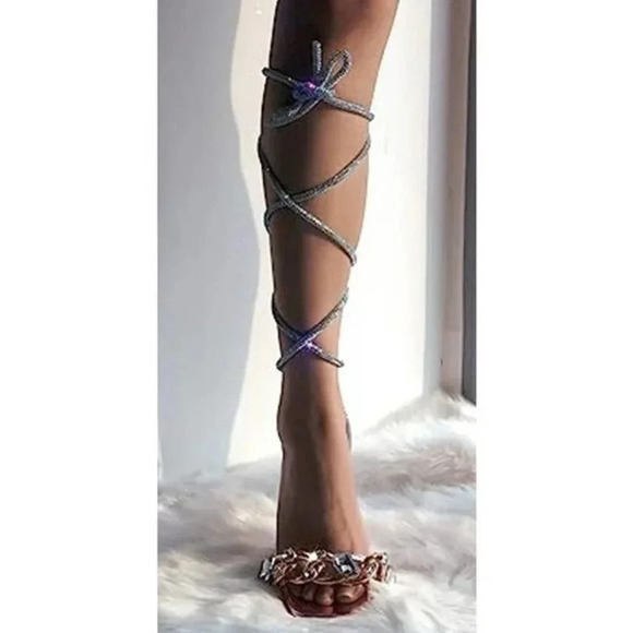 LISHAN Women's Pink Rhinestones Strappy Open Toe Stiletto High Heels‎ Size 9 - Picture 1 of 13